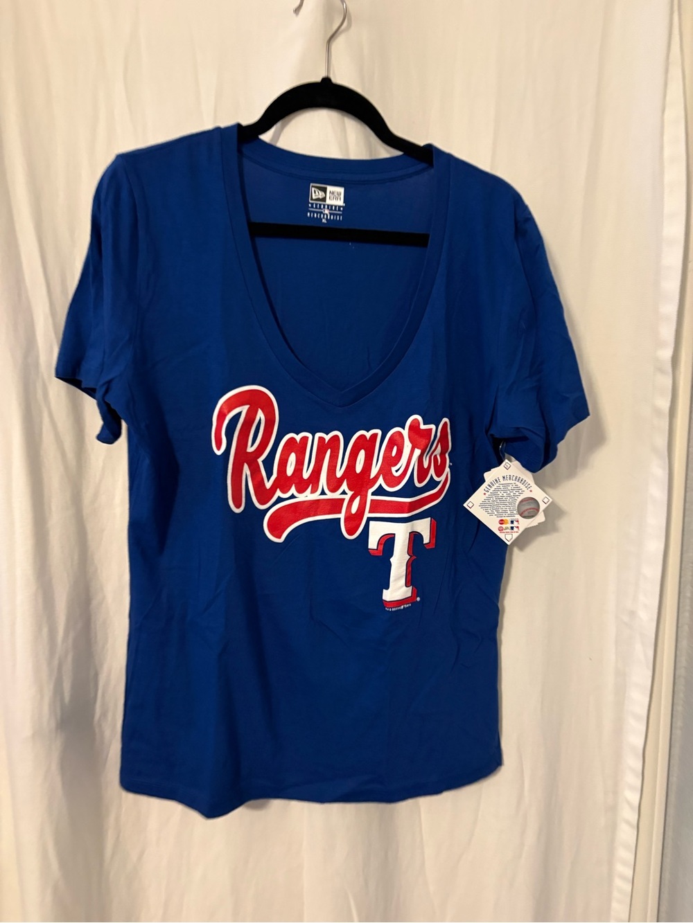 New Era Blue Rangers Script Tee with Red and White Logo